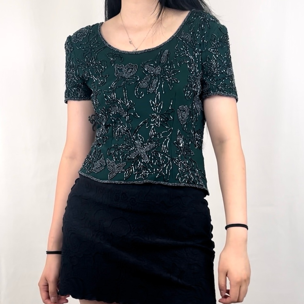 Vintage Dark Green Beaded Floral Silk Top